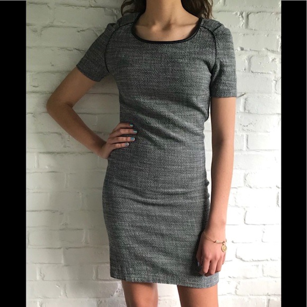 Tweed Black & Gray Shift Dress w/ Leather Trim